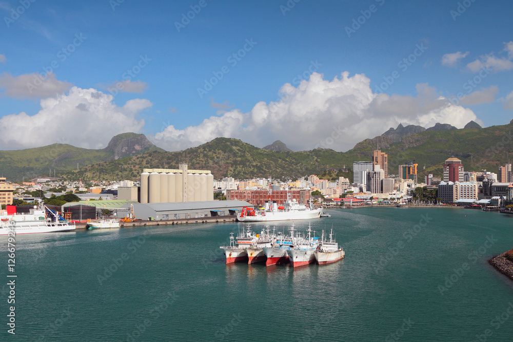 Water area of seaport and city. Port Louis, Mariky
