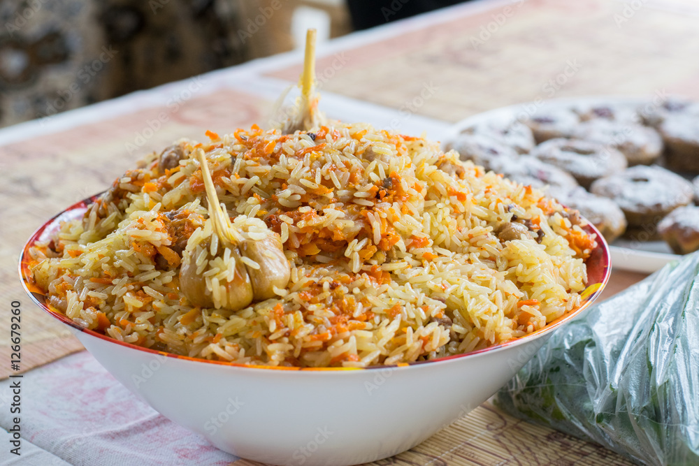 Large plate of Pilaf with garlic