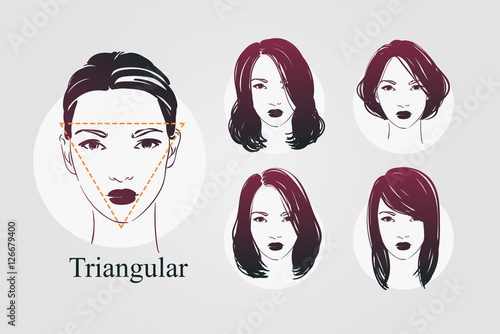 Vector set beautiful women icon portraits with differnt haircut and triangular type faces. Hand drawn illustration.
