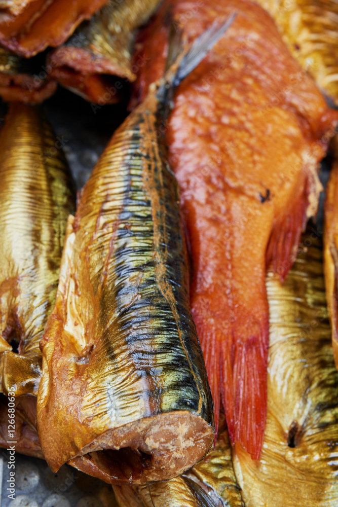 Set of smoked fish in a tin pan Set of smoked fish in a tin pan