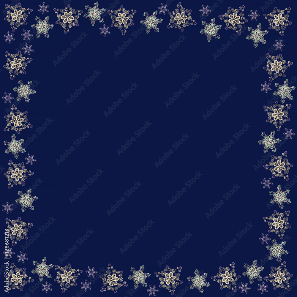 Fototapeta premium Square frame made of handmade paper snowflakes in quilling technique on dark blue background. Can be used as Christmas or New Year background, for cards, napkins, wrapping paper.
