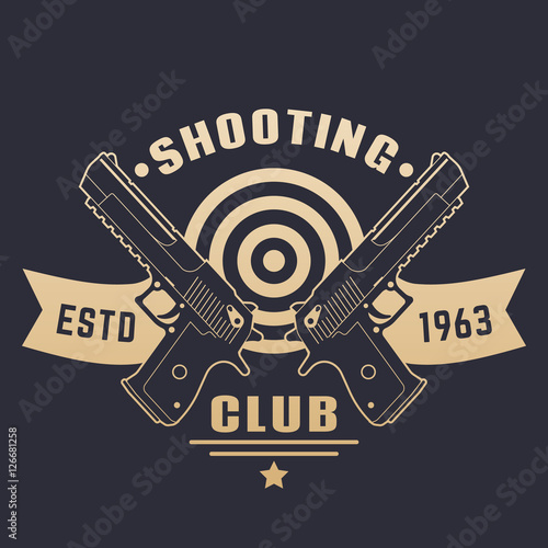 Shooting club logo, emblem with two pistols, powerful handguns, gold on dark, vector illustration