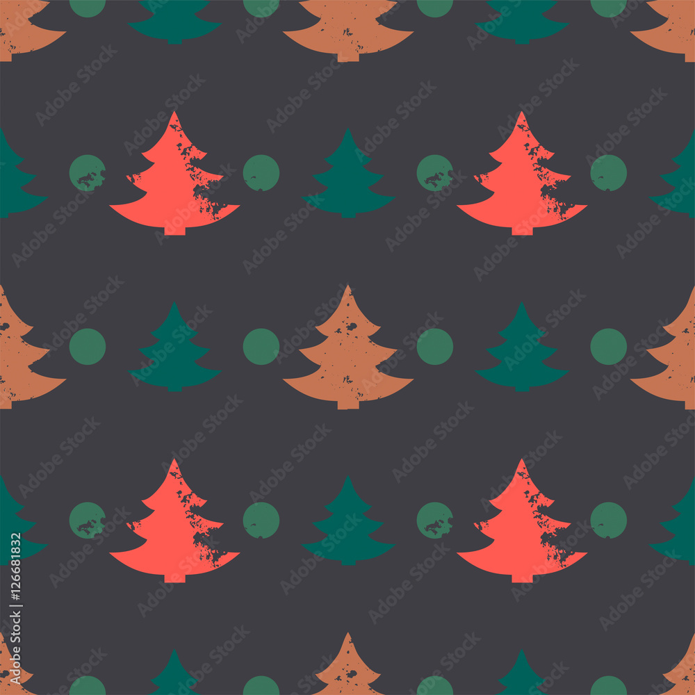 Abstract seamless pattern with Christmas trees in grunge style with scratches, vector  illustration