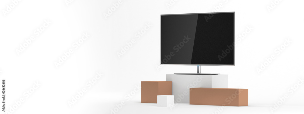 Smart TV with blank screen Mockup on white and golden cubes, 3d rendering Smart TV with blank screen Mockup on white and golden cubes, 3d rendering
