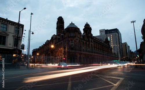 Lights of moving Cars in the streets of Manchester city in Engla