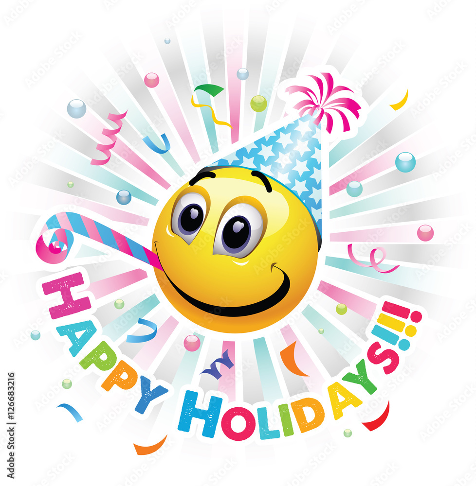 Happy holidays greeting card. Smiley celebrating. Smiley being cheerful