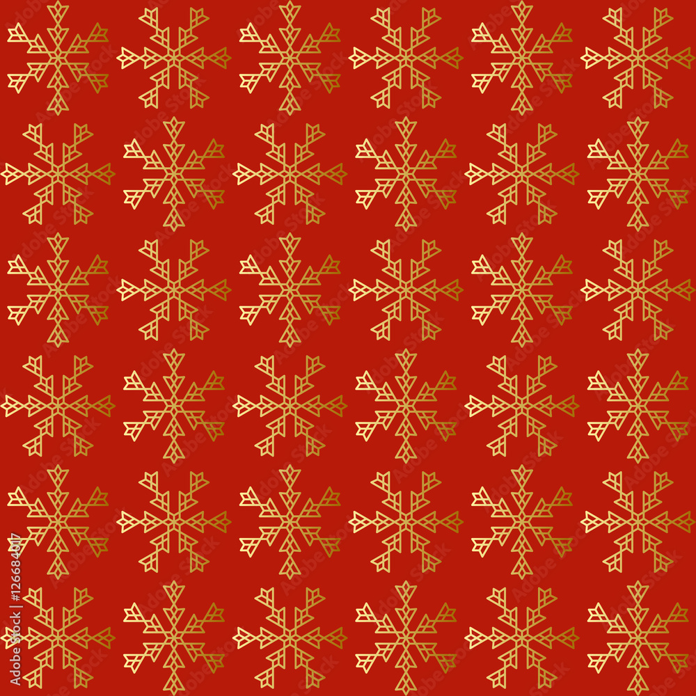 Seamless pattern of golden snowflakes on red background. Vector illustration for New Year design, can be used for scrap-booking, textile and clothes printing, web design or packaging materials. Seamless pattern of golden snowflakes on red background. Vector illustration for New Year design, can be used for scrap-booking, textile and clothes printing, web design or packaging materials.