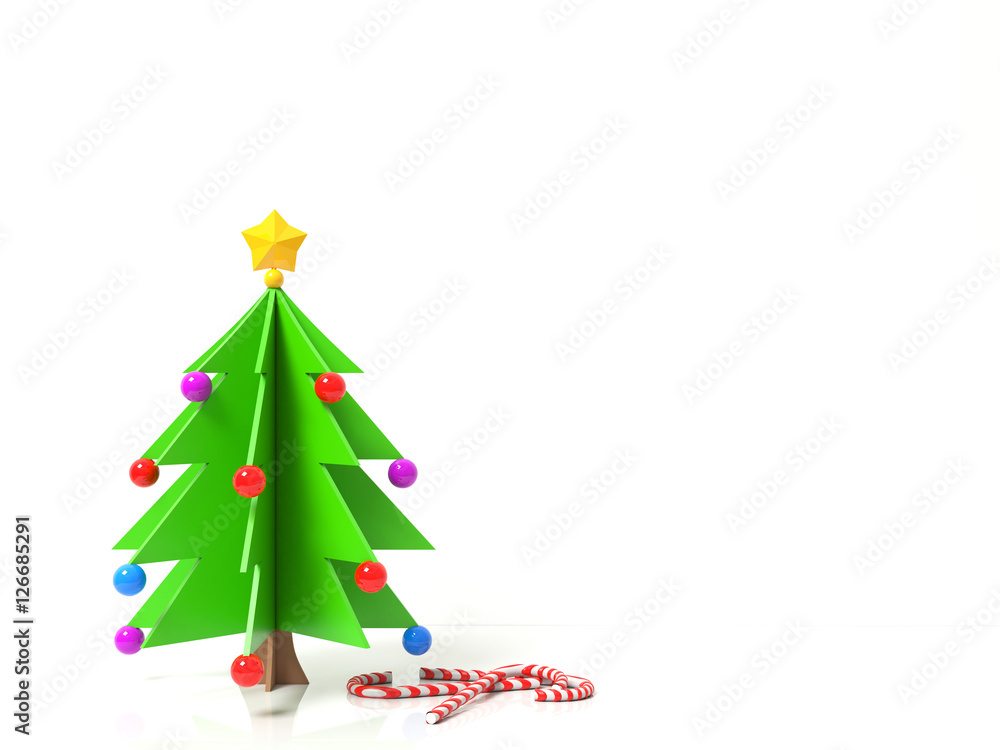 Decorative Christmas tree in cartoon style with toys colored balls, star and candy cane caramel. On white background with free copy space for text, design. Happy new year, holiday. 3d illustration