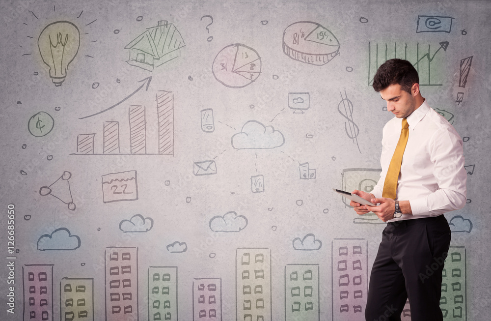 Colorful drawings on wall with businessman Colorful drawings on wall with businessman