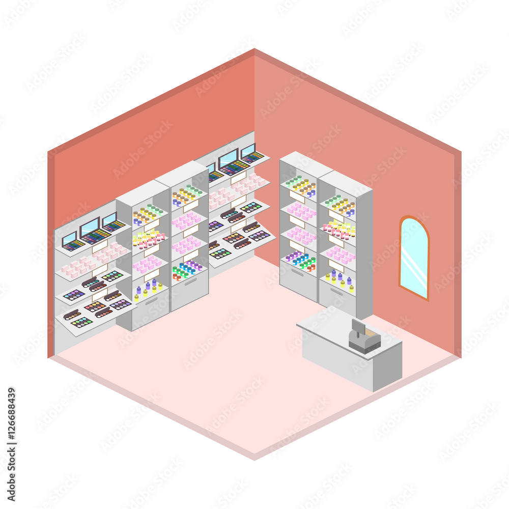 Isometric design interior of cosmetics shop vector Isometric design interior of cosmetics shop vector