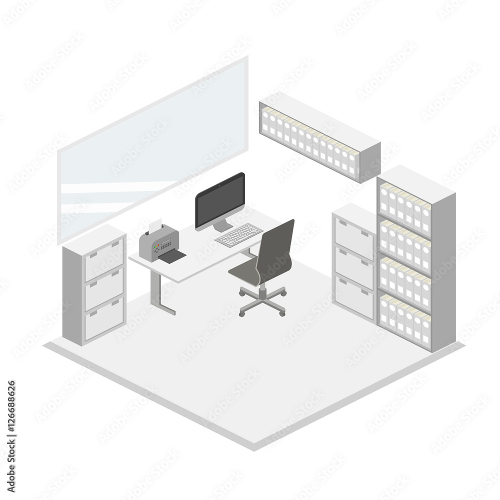 Isometric creative office interior design vector. Set of object