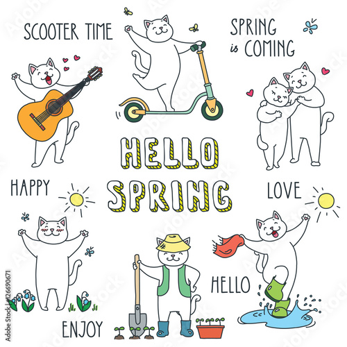Hello spring. Set of doodle vector illustrations of funny white cat enjoying the spring