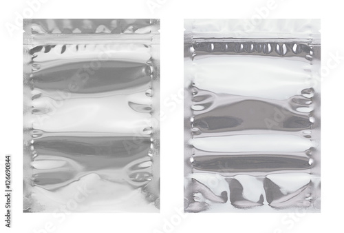 Aluminium bag package,  front and back isolate on white backgrou