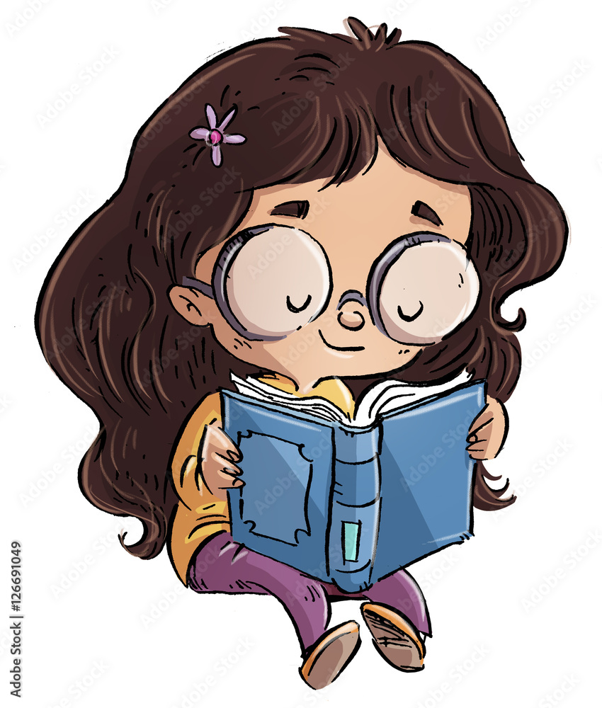 niña con gafas leyendo un libro Stock Illustration | Adobe Stock