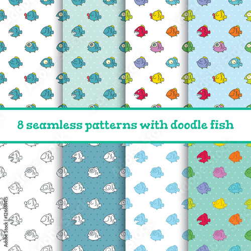 Set of seamless vector patterns with funny doodle fish