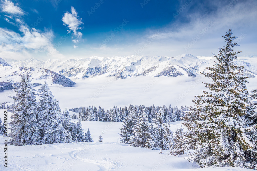 Trees and mountains covered by fresh snow in Kitzbühel ski resort, Tyrolian Alps, Austria Trees and mountains covered by fresh snow in Kitzbühel ski resort, Tyrolian Alps, Austria
