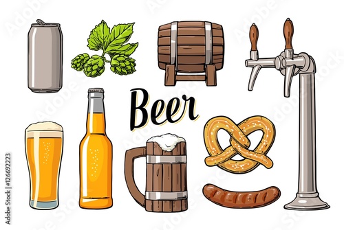 Beer set with tap, class, can, bottle, barrel, sausage, pretzel and hop.