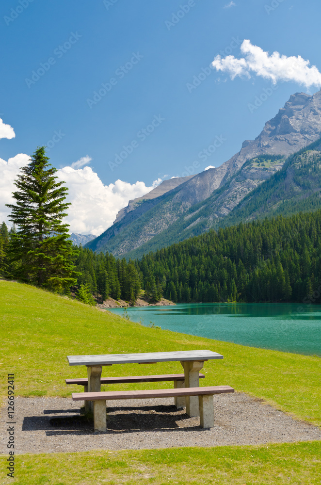 Picnic table at the beach of a lake, Vancouver, Canada Picnic table at the beach of a lake, Vancouver, Canada