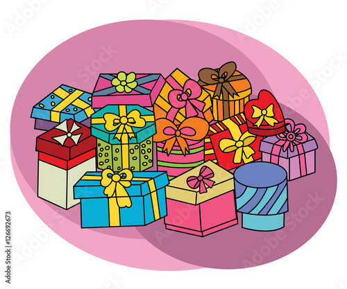 Birthday gift boxes design set. Cartoon free hand draw doodle vector illustration.