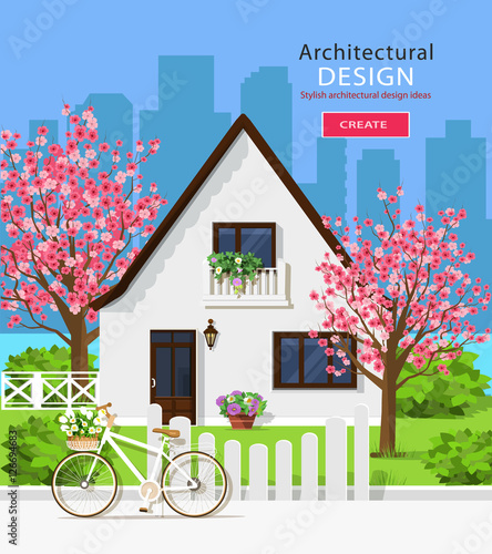 Cute white private house with sakura trees. Stylish graphic set: house, green yard, trees, fence, bicycle, flowers and city background. Vector illustration.