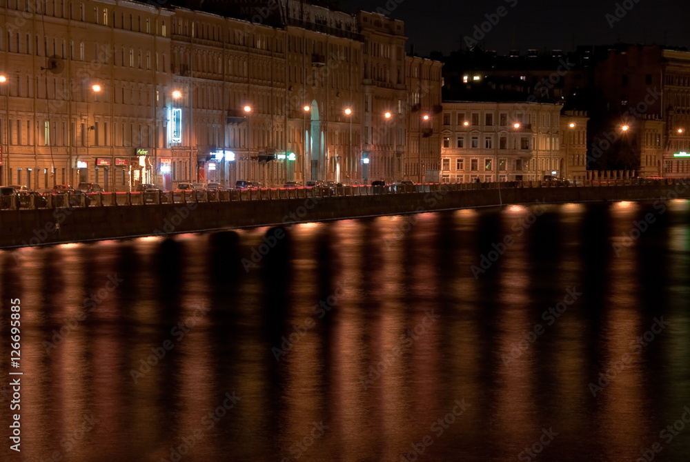 Gorgeous night view at Fontanka river from Nevsky prospect in Saint Petersburg, Russia