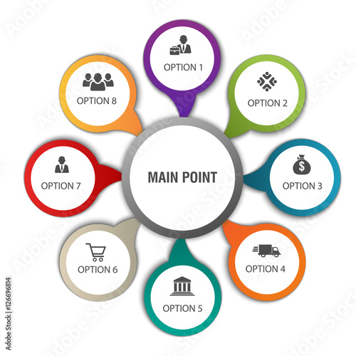 Infographics with circles with eight options and symbols added. Vector illustration
