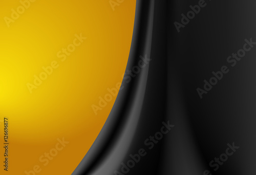 Satin black silk curtain with gold folds. Abstract background.