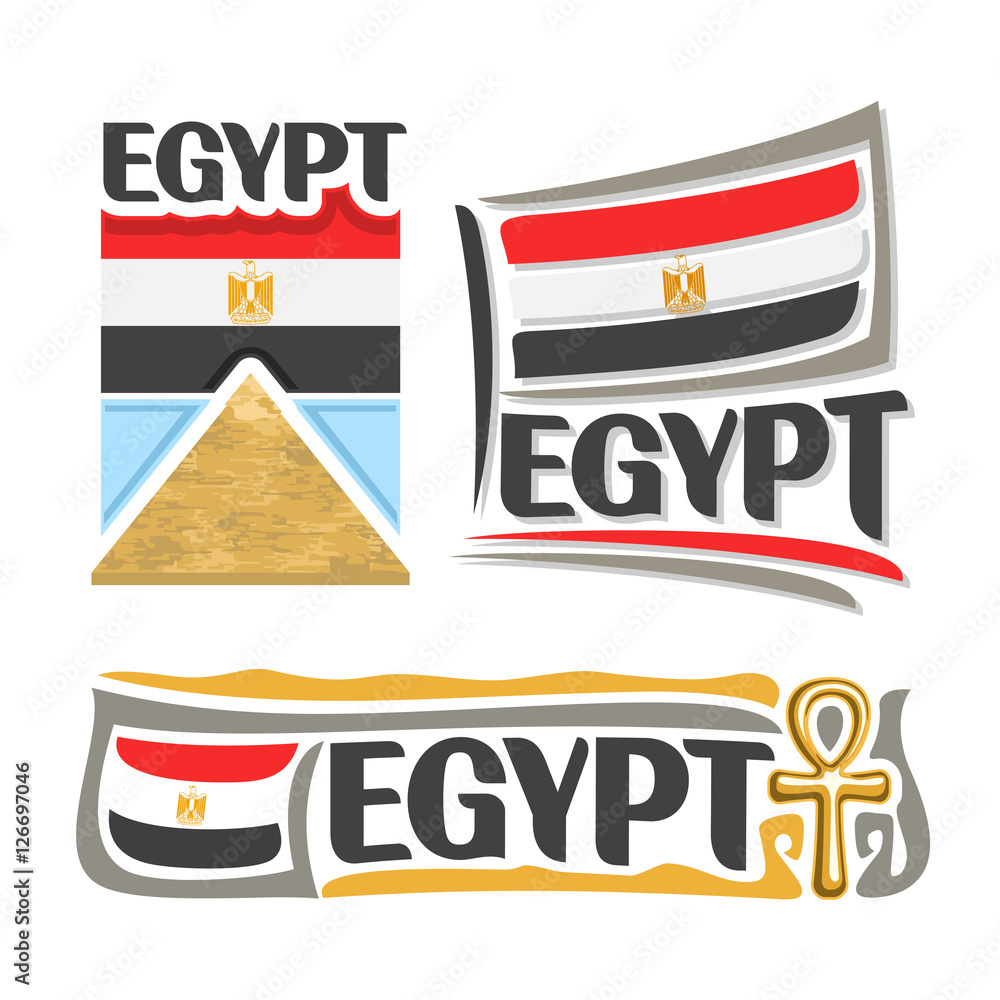 Vector logo Egypt, 3 isolated images: ancient great pyramid in Giza on  background national state flag, banner symbol arab republic of egypt,  Egyptian ensign flags, egyptian cross amulet, ankh souvenir  Stock-Vektorgrafik