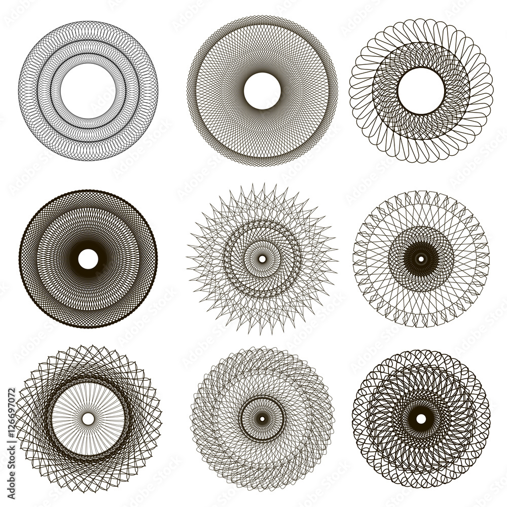 Set of Circle Geometric Ornaments. Guilloche Rosettes Isolated. Ornamental Round Decor Set of Circle Geometric Ornaments. Guilloche Rosettes Isolated. Ornamental Round Decor