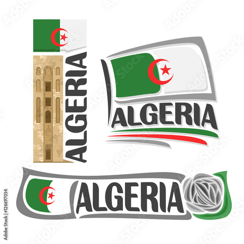 фотографія Vector logo Algeria, 3 isolated images: stone tower in Beni Hammad Fort on background national state flag, symbol democratic republic of algeria architecture, algerian ensign flags, grey rock rose
