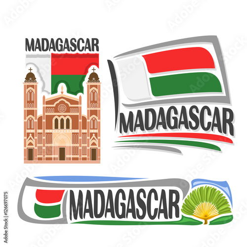 Vector logo Madagascar, 3 isolated images: catholic cathedral in Betafo on background national state flag, symbol republic of madagascar architecture, madagascan ensign flags, travellers palm tree.