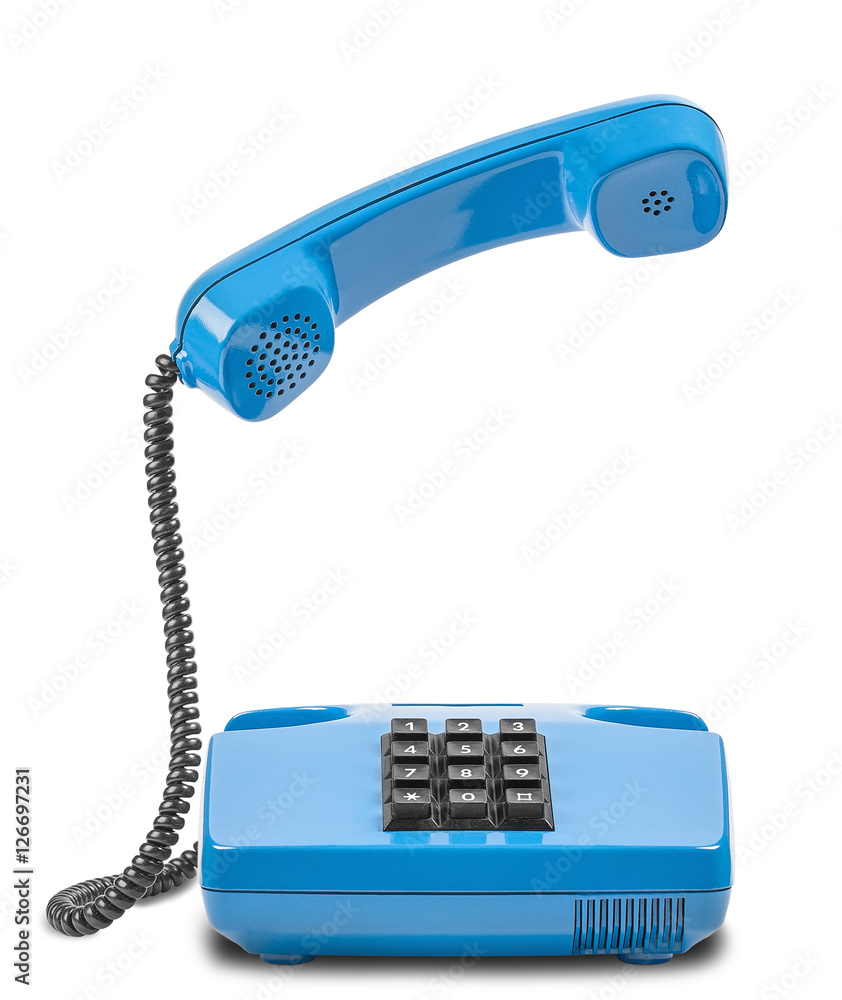 Blue phone with handset in air and shadow on a white background Blue phone with handset in air and shadow on a white background