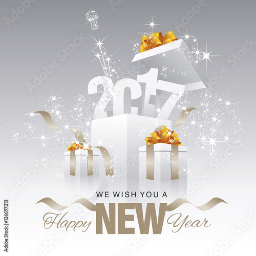 Happy New Year 2017 firework box grey background