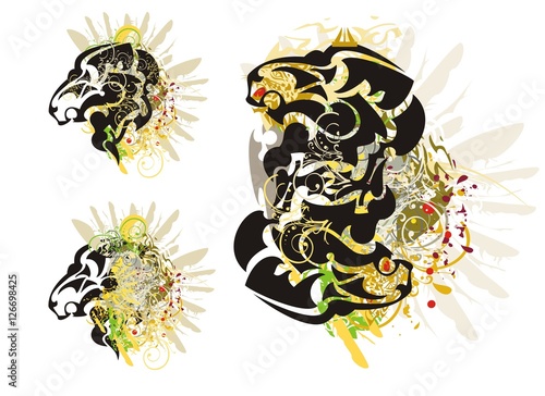 Grunge imaginary animal head. Tribal abstract stylized growling imaginary animal with colorful floral splashes, eagle wing and blood drops. Three options