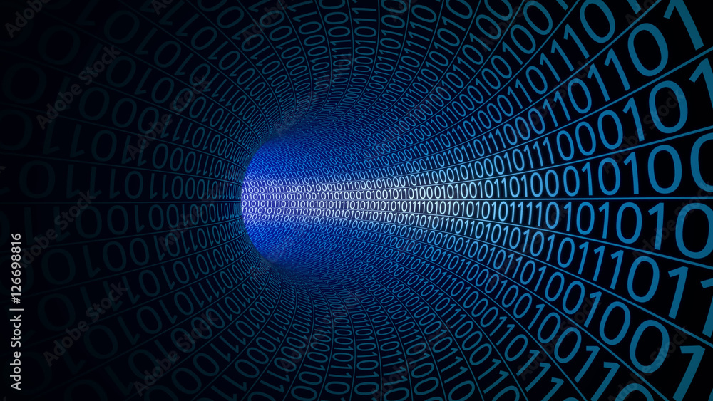 Naklejka premium Flight through abstract blue tunnel made with zeros and ones. Modern background. Computers, binary data transfer, digital technologies concepts. 3D rendering