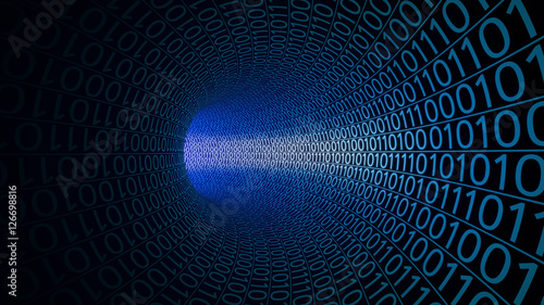 Flight through abstract blue tunnel made with zeros and ones. Modern background. Computers, binary data transfer, digital technologies concepts. 3D rendering photo