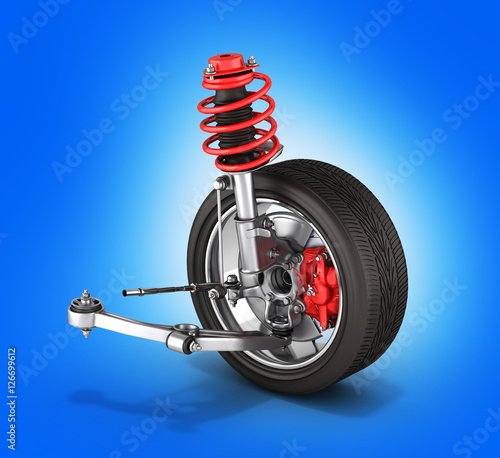 suspension of the car with wheel without shadow blue background