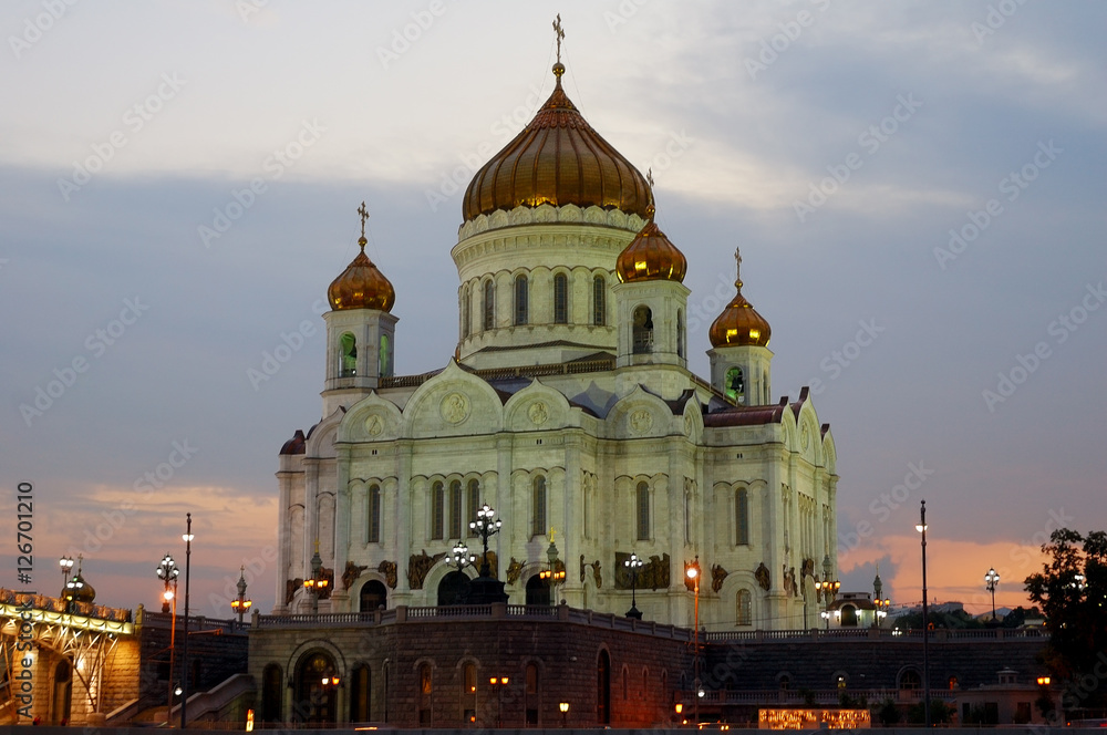 Orthodox Cathedral of Christ the Savior night Moscow Russia. Horizontal orientation