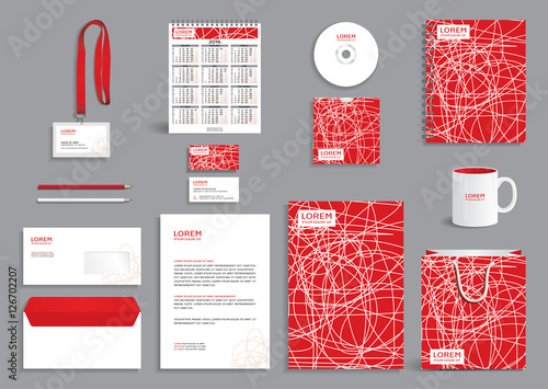 Business stationery set template, corporate identity design mock-up with abstract modern red scribble pattern