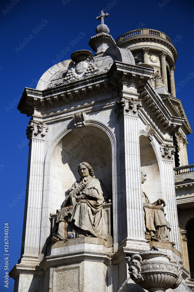 Fountain and Saint sulpice church in Paris, France