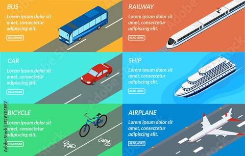 Vector illustration. Set of web banners of public passenger transport. Bus, car, bicycle, ship, train, plane. Design for tourism, rental, sale of tickets.