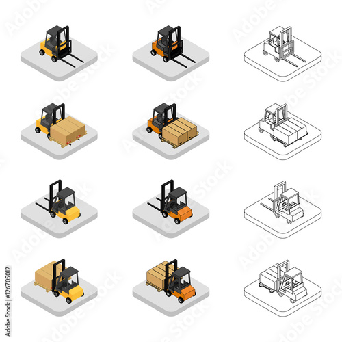 vector illustration. Set of isometric icons of the forklift. Loader with pallet with boxes. Colorful and outline. 3D.