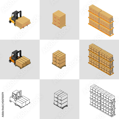 Vector illustration. Set of icons isometric forklift and pallets with boxes. Color, contour and outline. 3d.