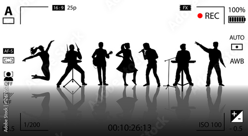 Video recording concept. Set of black silhouettes of musicians, singers and dancers. Vector illustration