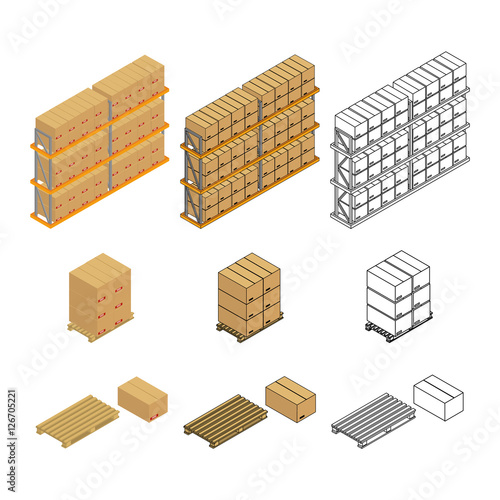 Vector illustration. Set isometric icons pallets with cardboard boxes. Colorful, with contour and outline. 3d.