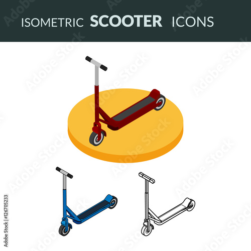 Vector illustration. Set of icons of the scooter. Colorful, contour and line. Isometric, 3D.