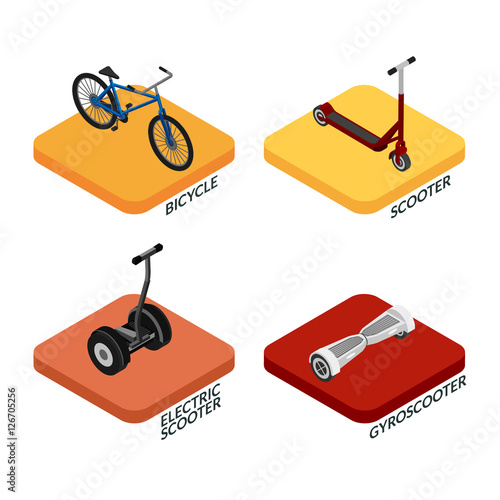 Vector illustration. Set of colorful icons transport for extreme sports. Bicycle, scooter, gyroscooter, electric scooter. Isometric, 3D