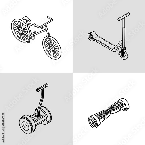 Vector illustration. Set of colorful isometric icons electric unicycle, balancing scooter, monowheel. 3D