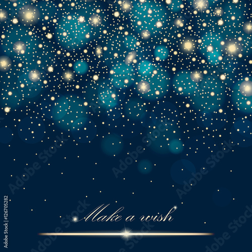 Vector gold glitter particles background effect for luxury greeting rich card. Sparkling texture. Star dust sparks in explosion on blue background. Vector illustration