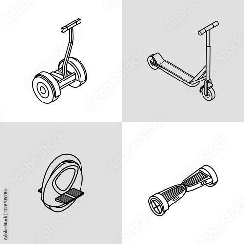 Vector illustration. Set outline icons of electric scooters. Scooter, gyroscooter, monowheel. Isometric, 3D.